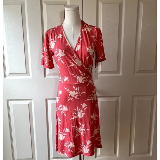 41 Hawthorne Fit & Flare Short Sleeve Floral Faux Wrap Dress Size Small Coral